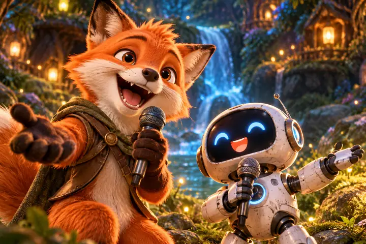An illustrated fox and robot